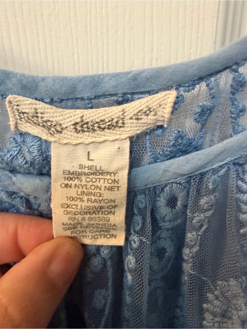Boho Blue Ombre Embroidered Lace Sheer Bell Sleeve Top Indigo Thread Sz L - Picture 6 of 7